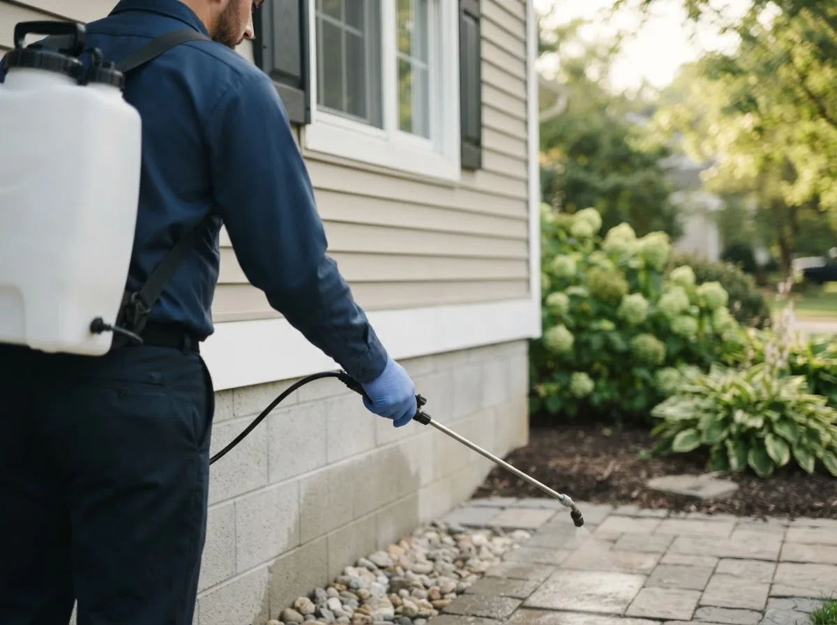 Pest control technician inspecting a home in Hernshaw, WV